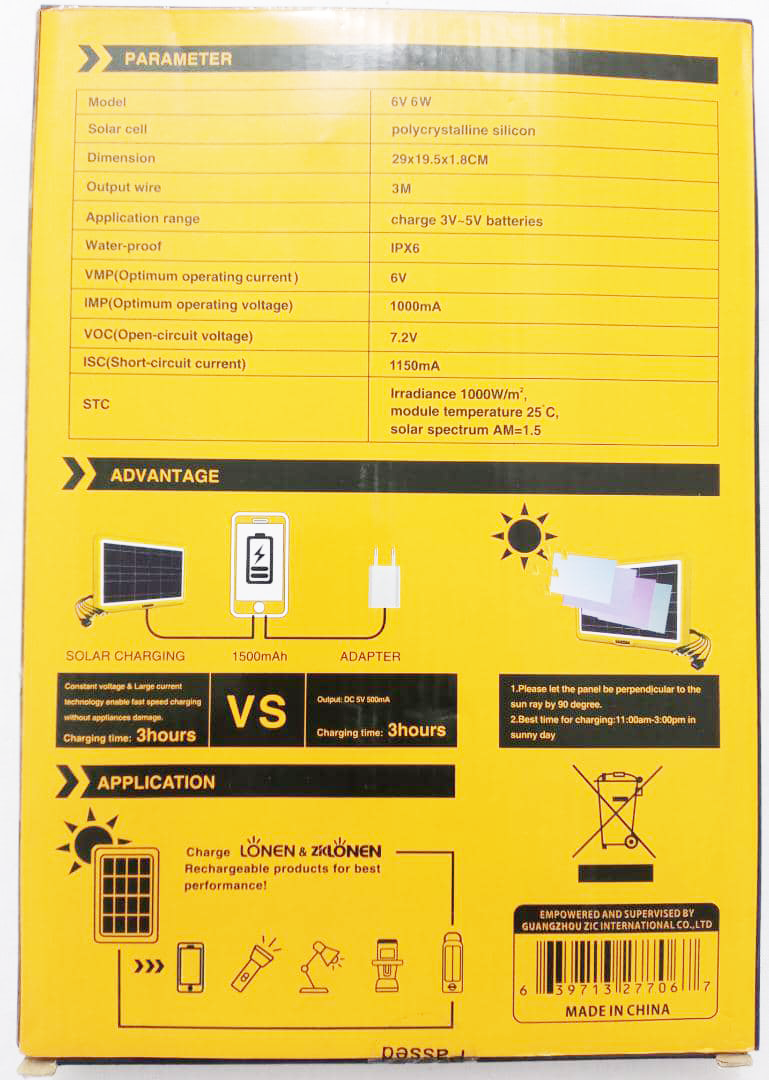 Saroda Solar Panel 6v 6w 1000mA | VTM6a