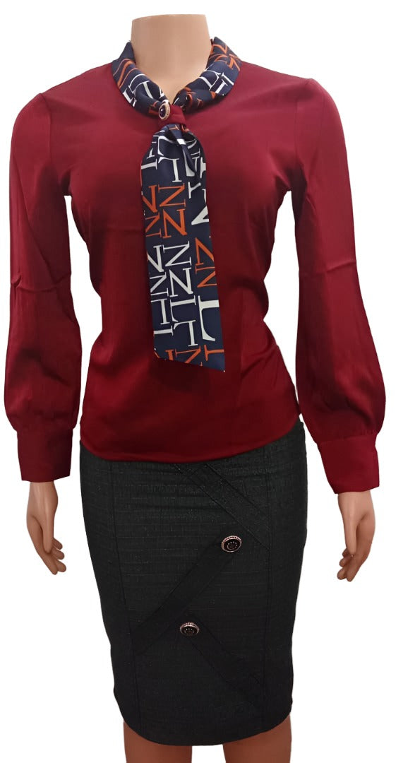 Elegant Comfy Skirt and Blouse Set for Ladies, Medium Size Wine-colored Top & Free size Ash Skirt | DBK2b