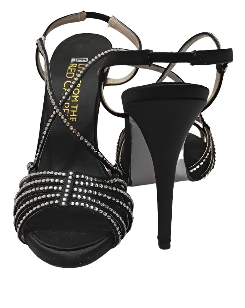 Italian Shoe for Wedding and Special Occasions, E-Live From Red Carpet High Heel Open Toe Open Heel Dress Shoe (Black with white Stones) | AFTA-DSWD11019