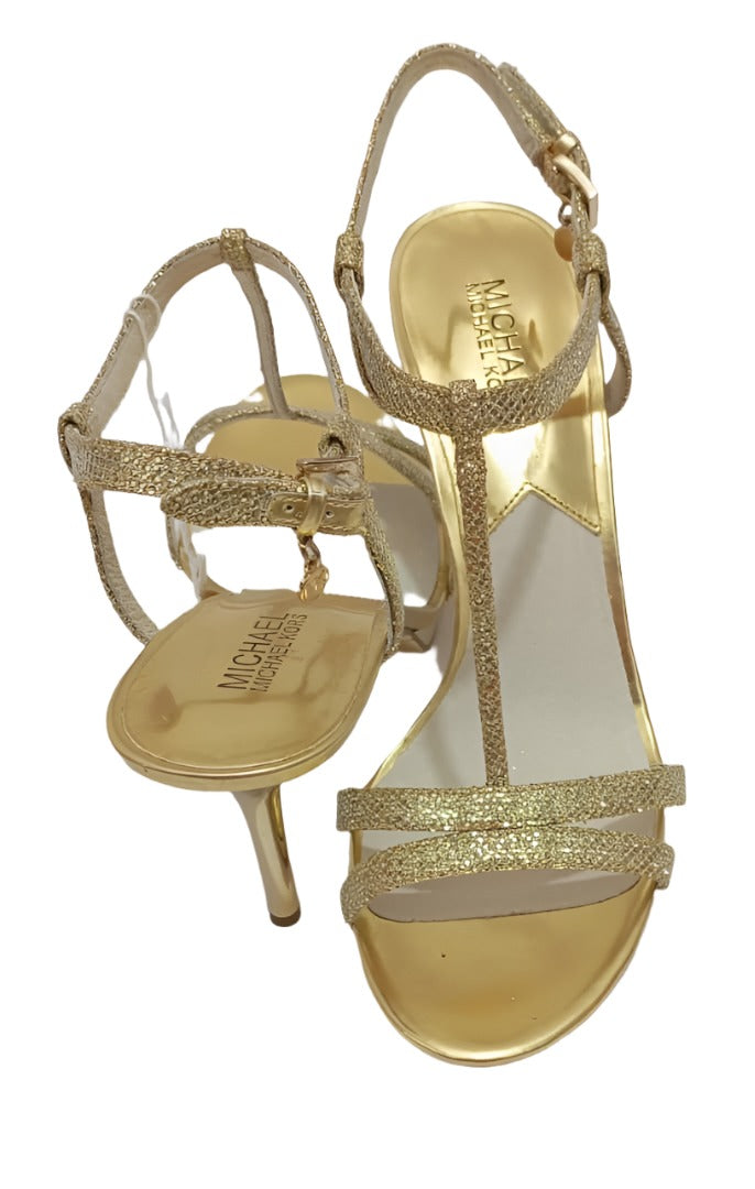 Michael Kors Shoe for Wedding and Special Occasions (High Heel Open Toe Open Heel Dress Shoe, Gold Shoe) | AFTA-DSWD11025