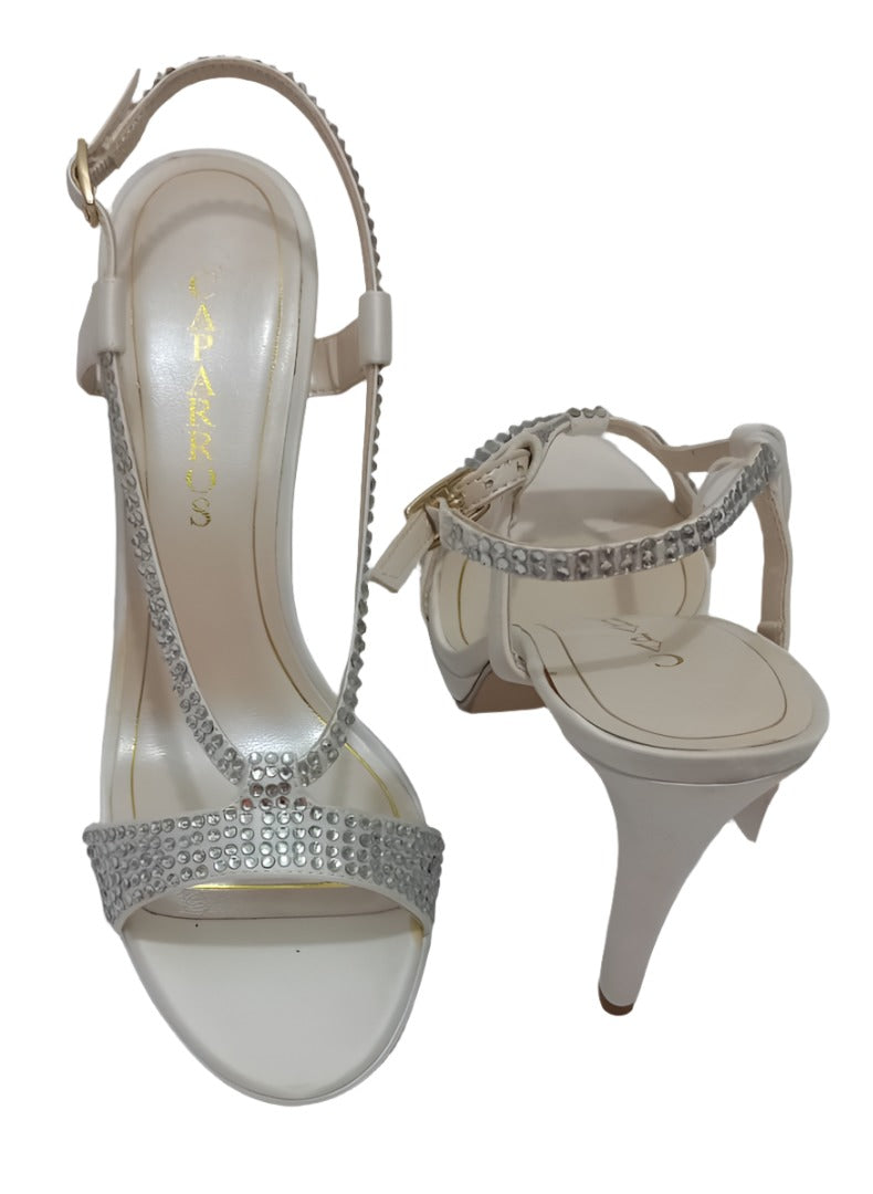 Italian Shoe for Wedding and Special Occasions, Caparros High Heel Open Toe Open Heel Dress Shoe (Ivory Cover Shoe) | AFTA-DSWD11030
