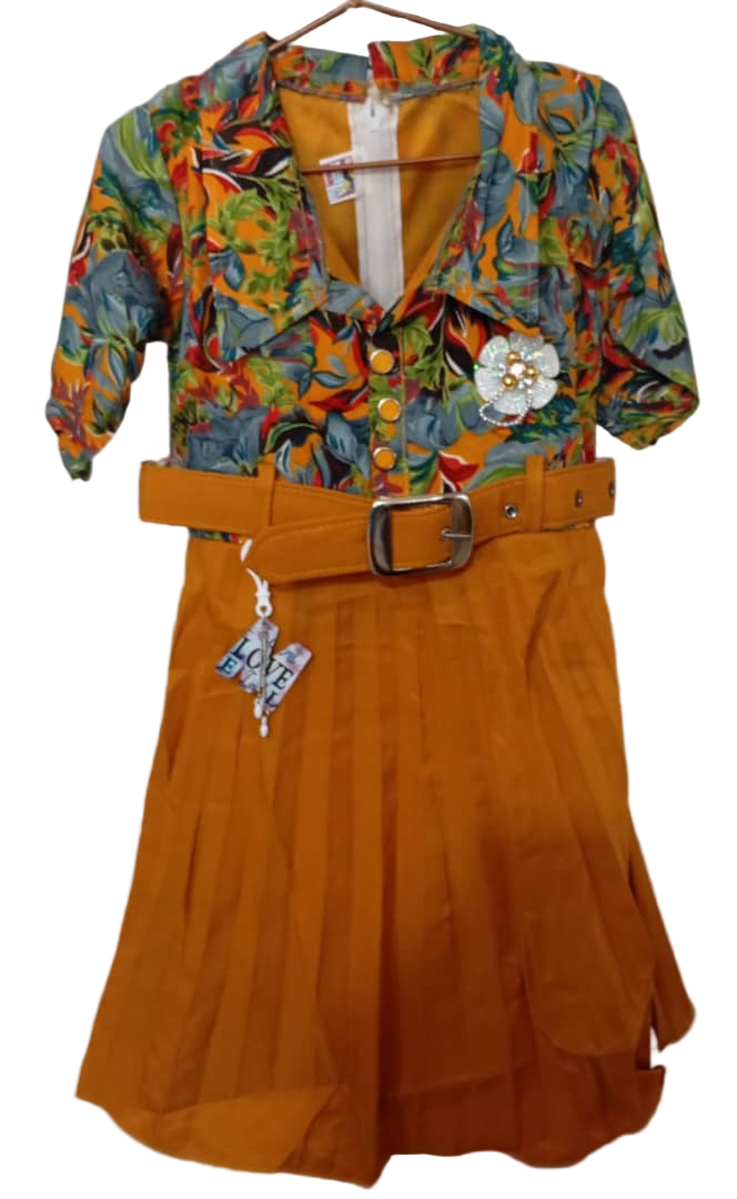 Elegant Girls Dress With Belt , Yellow | NBA10a