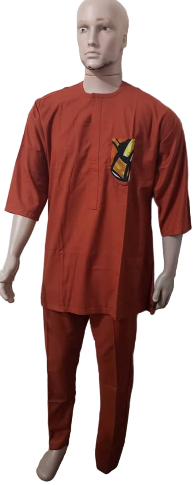 Luxury Up and Down Three Quarter Sleeve Senator Wear Set For Men, Burnt Orange | KUA7a