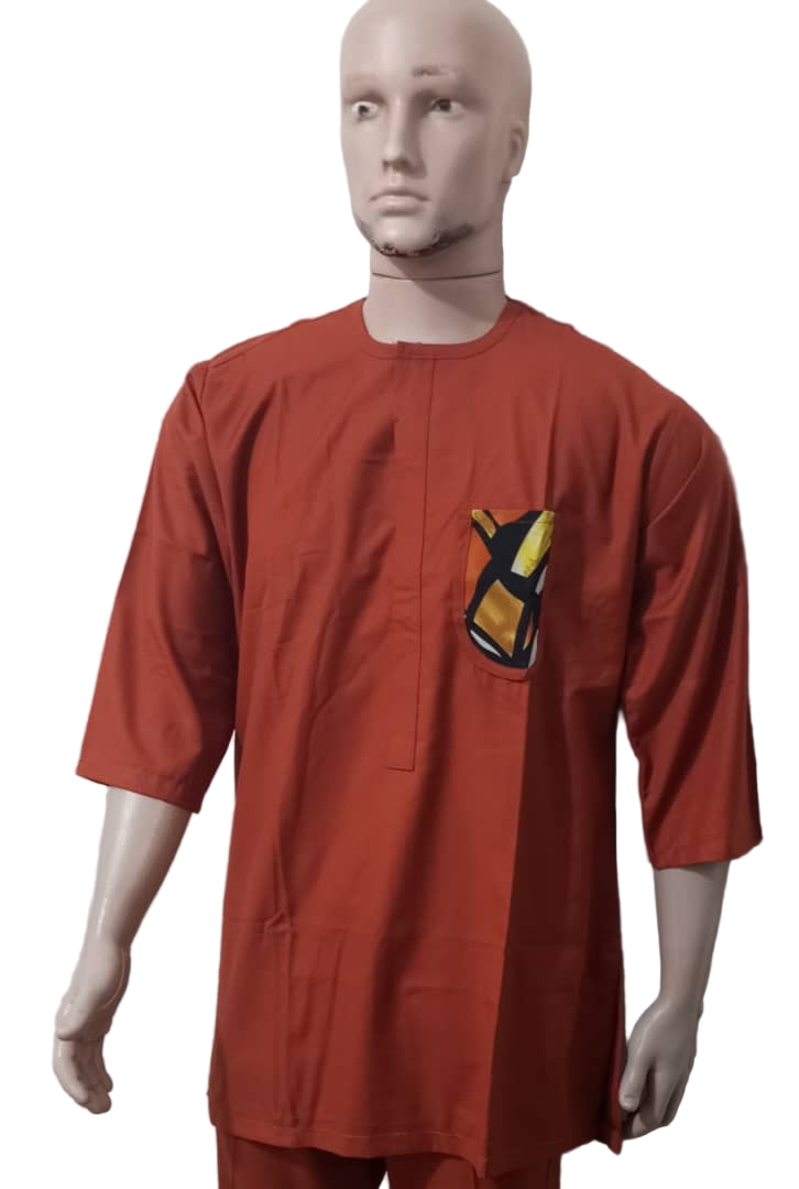 Luxury Up and Down Three Quarter Sleeve Senator Wear Set For Men, Burnt Orange | KUA7a
