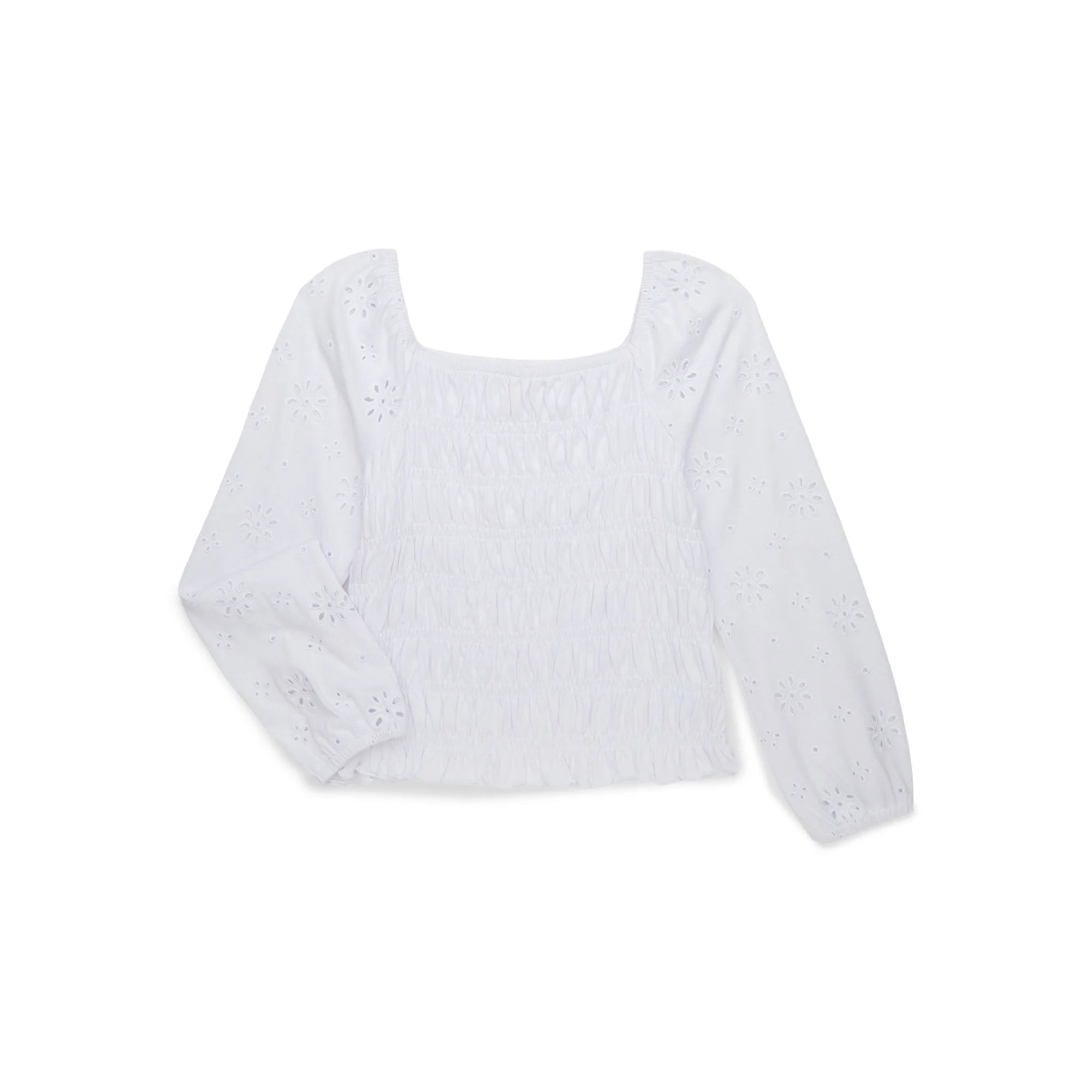 Wonder Nation Girls Smocked Eyelet Top with Long-Sleeves, Sizes 4-18 & Plus  |   WTWL809XA