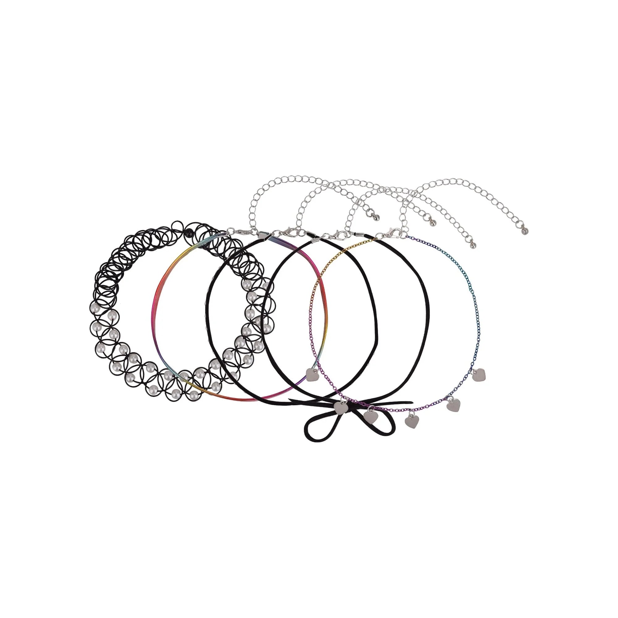 Wonder Nation Female 5pc Silver Tone Rainbow, Heart and Pearl Choker Set  | WTWL617XA