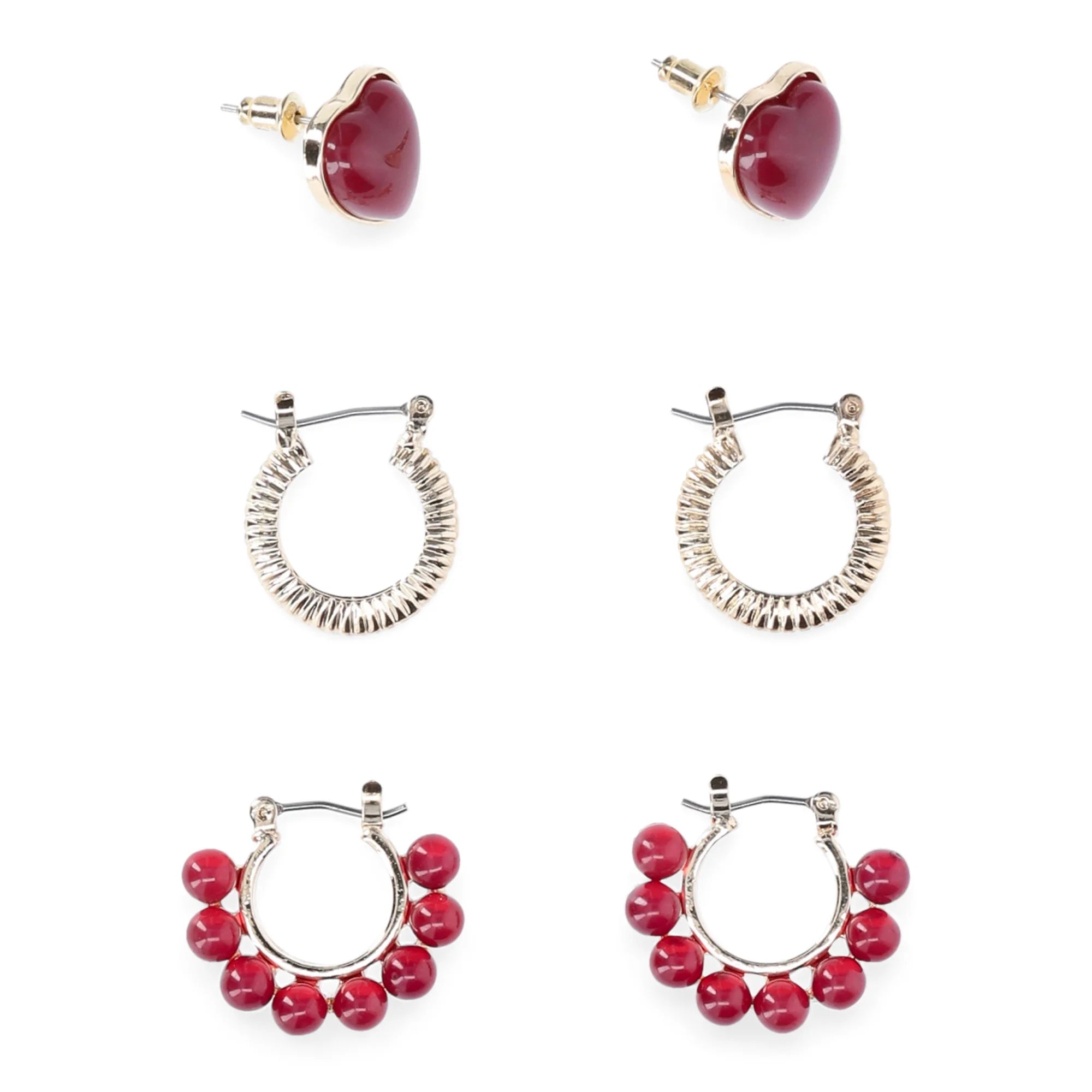 Time and Tru Women's Trio Heart and Hoop Earring Set, 3 Pair, Wine Heart Shaped Stud, Gold Metal Hoop, Wine Scalloped Edge Hoop    |    WTWL273XA