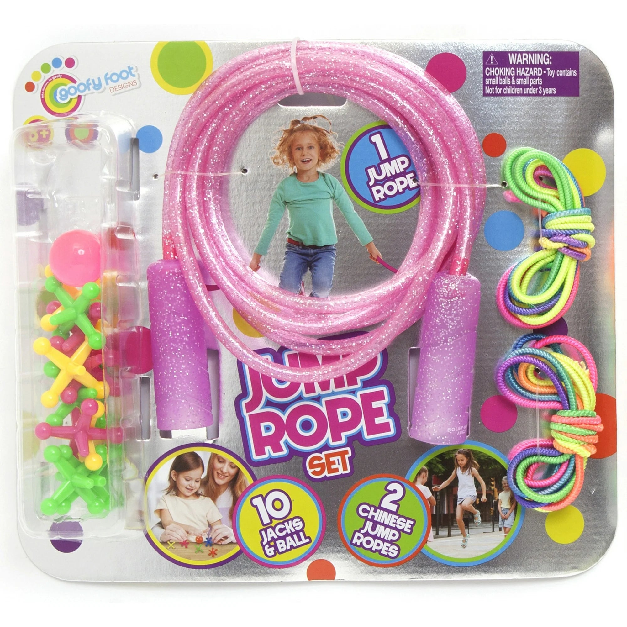 Goofy Foot Designs Jump Rope - Includes 7 Foot Glitter Infused Jump Rope, 10 Jacks & Ball, 2 Chinese Jump Ropes - Provides House of Active Fun for both Indoors & Outdoors! | WTWL1026XC