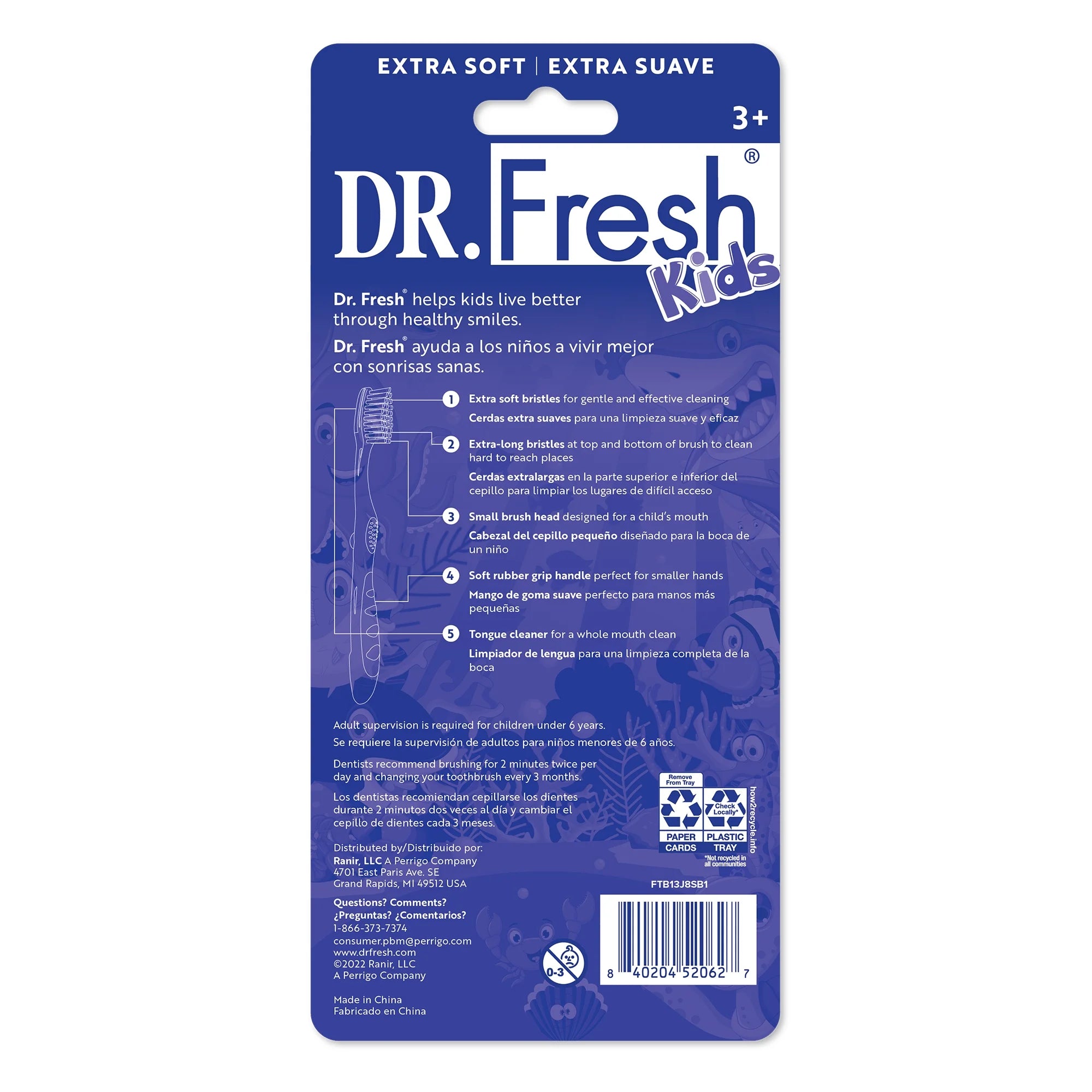 Dr. Fresh Brand Kids Toothbrushes, Ergonomic Non-Slip Handle, Extra Soft Bristles, Tongue Cleaner, 5 Count  | WTWL1117XA