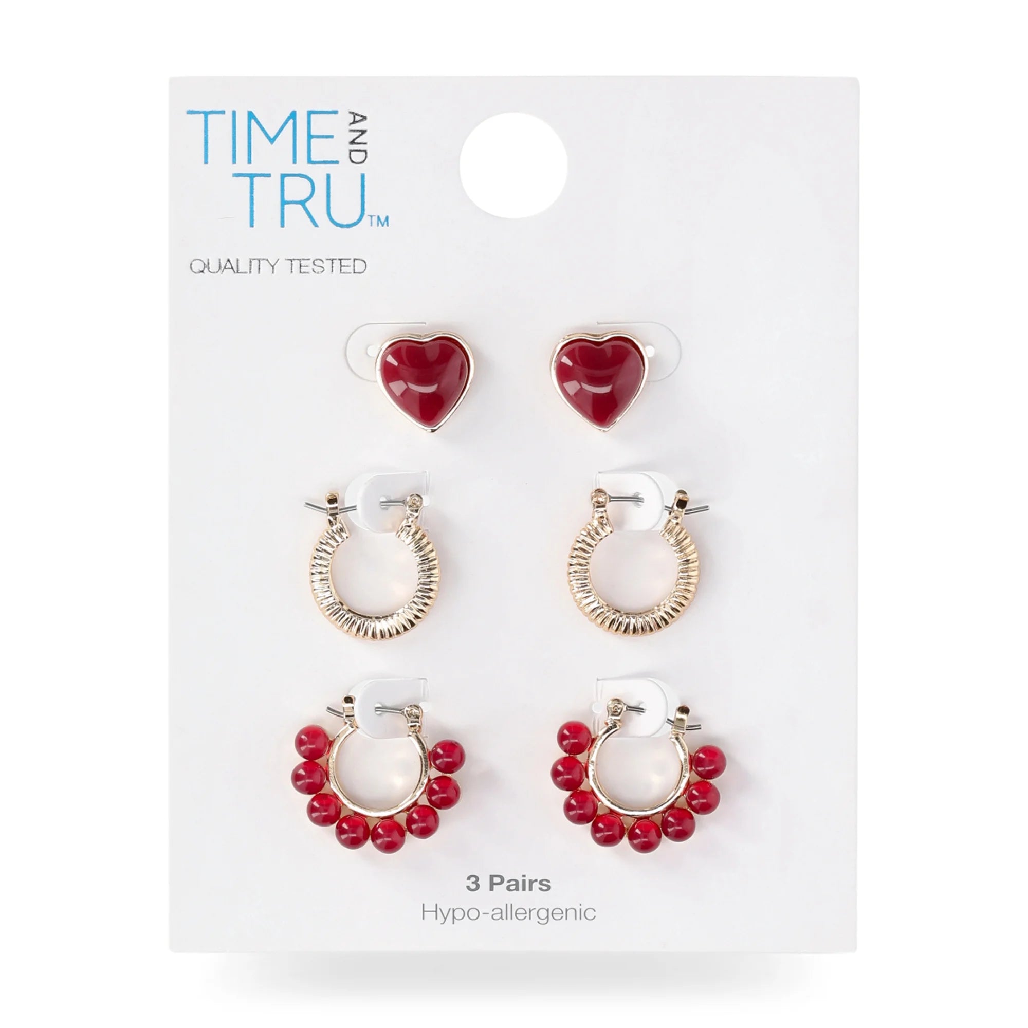 Time and Tru Women's Trio Heart and Hoop Earring Set, 3 Pair, Wine Heart Shaped Stud, Gold Metal Hoop, Wine Scalloped Edge Hoop    |    WTWL273XA