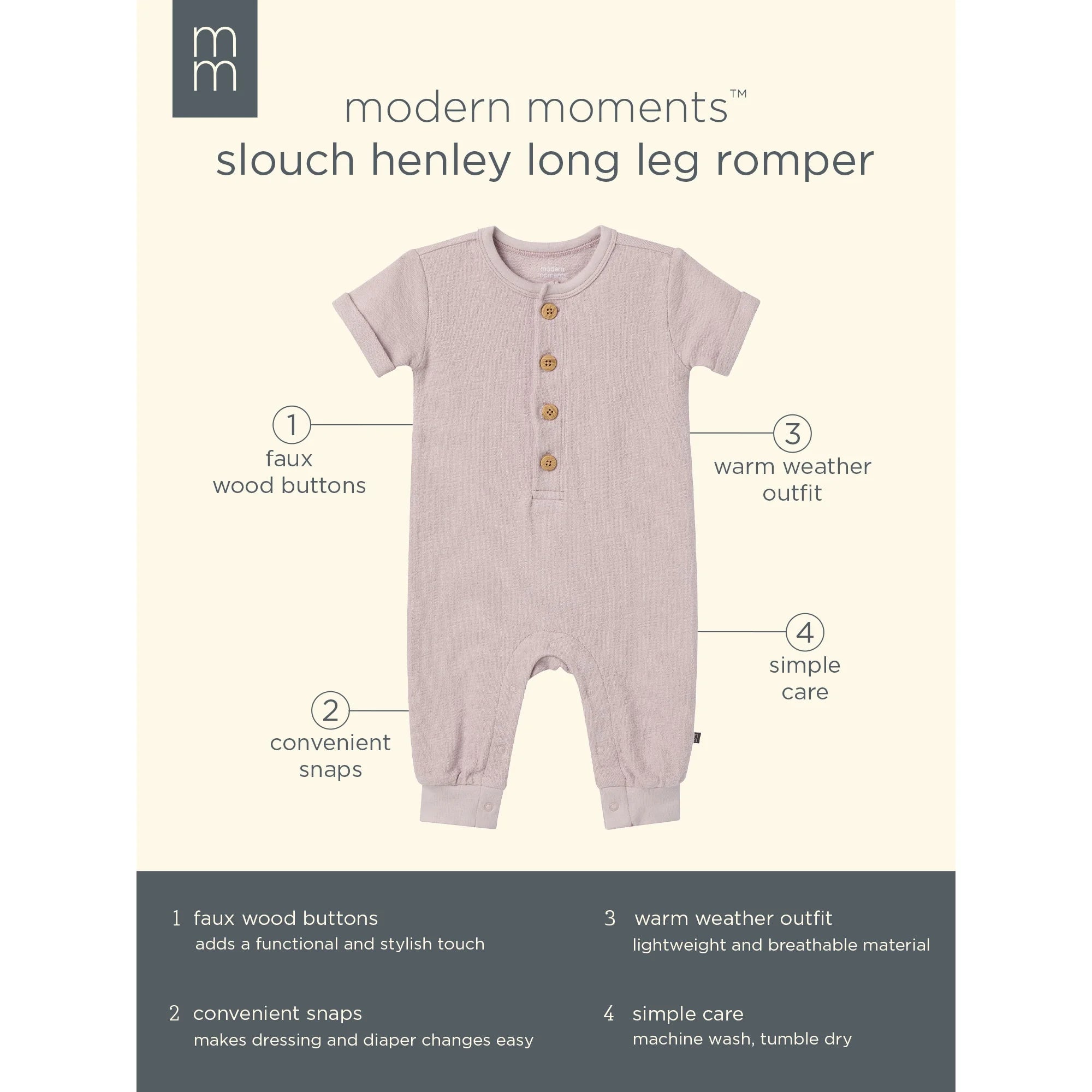 Modern Moments by Gerber Gender Neutral Short Sleeve Henley Romper, Sizes 0/3 Months - 24 Months | WTWL979XA
