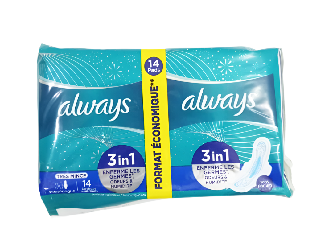 Always 3in1 Locks Germs Odour & Wetness Sanitary Pad Value Pack Extra Long, 14Pads, Blue | EVG38a
