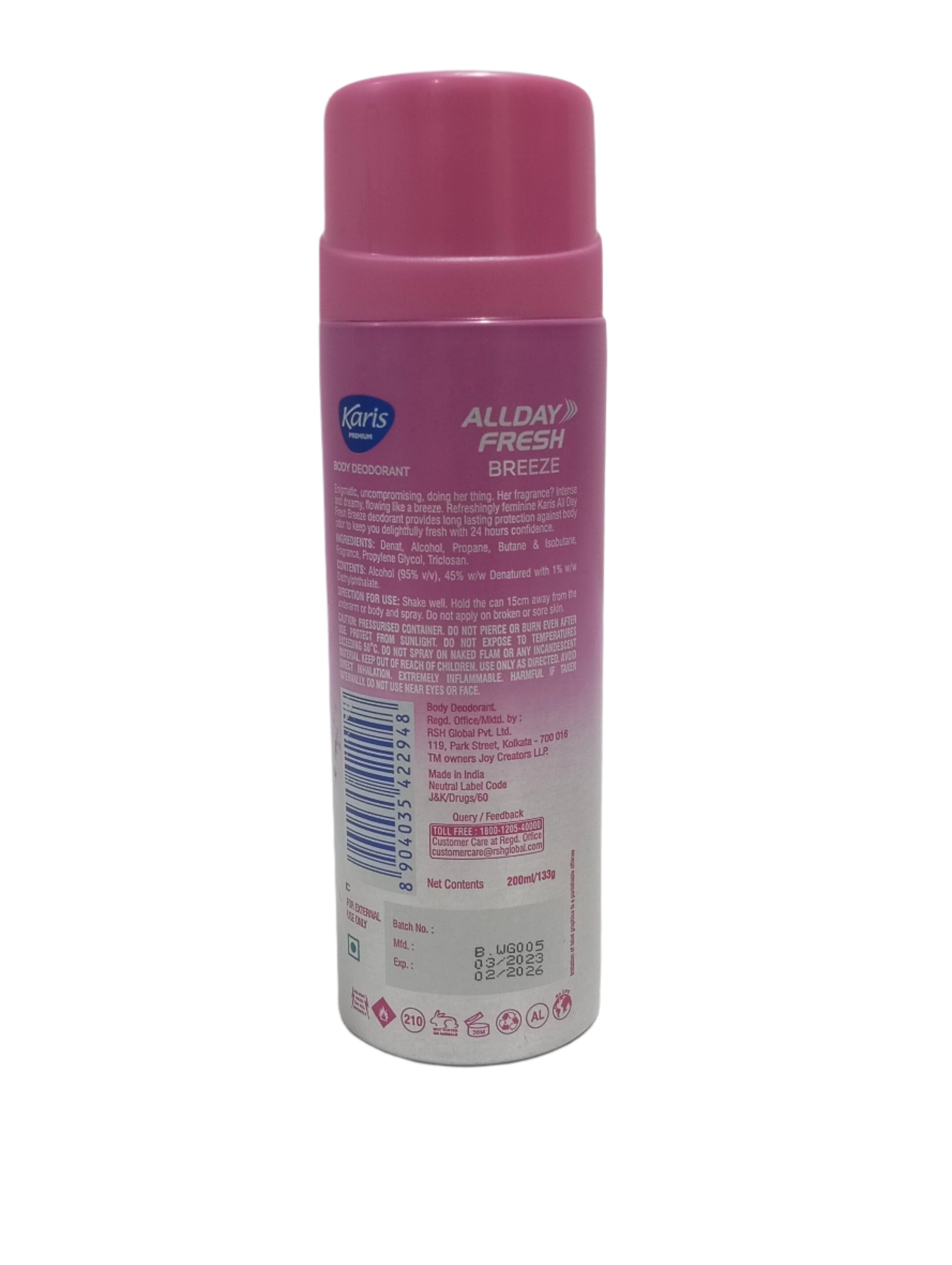 Karis Premium All Day Fresh Breeze Body Deodorant 200ML, Pink | TNB9d